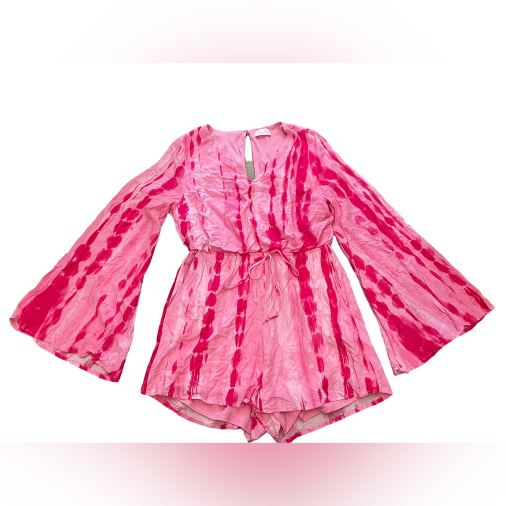 Pink Lady Bright Pink Barbie Hippie Boho Preppy Tie Dye Bell Sleeve Mini Romper